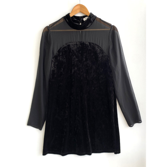 BCBGENERATION Black Velvet & Sheer Illusion Neckline Dress Keyhole Back Size M - Picture 2 of 6